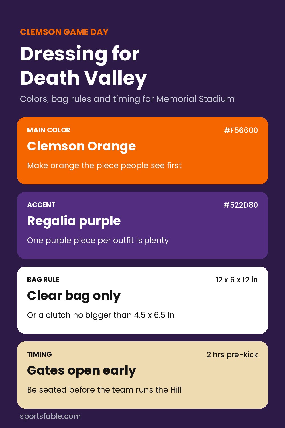 Clemson game day outfits guide card with Clemson Orange and Regalia color tips, clear bag size and gate timing for Memorial Stadium