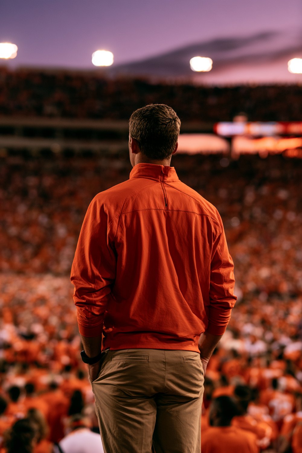 Men's Clemson game day look from behind: orange pullover and khakis under stadium lights