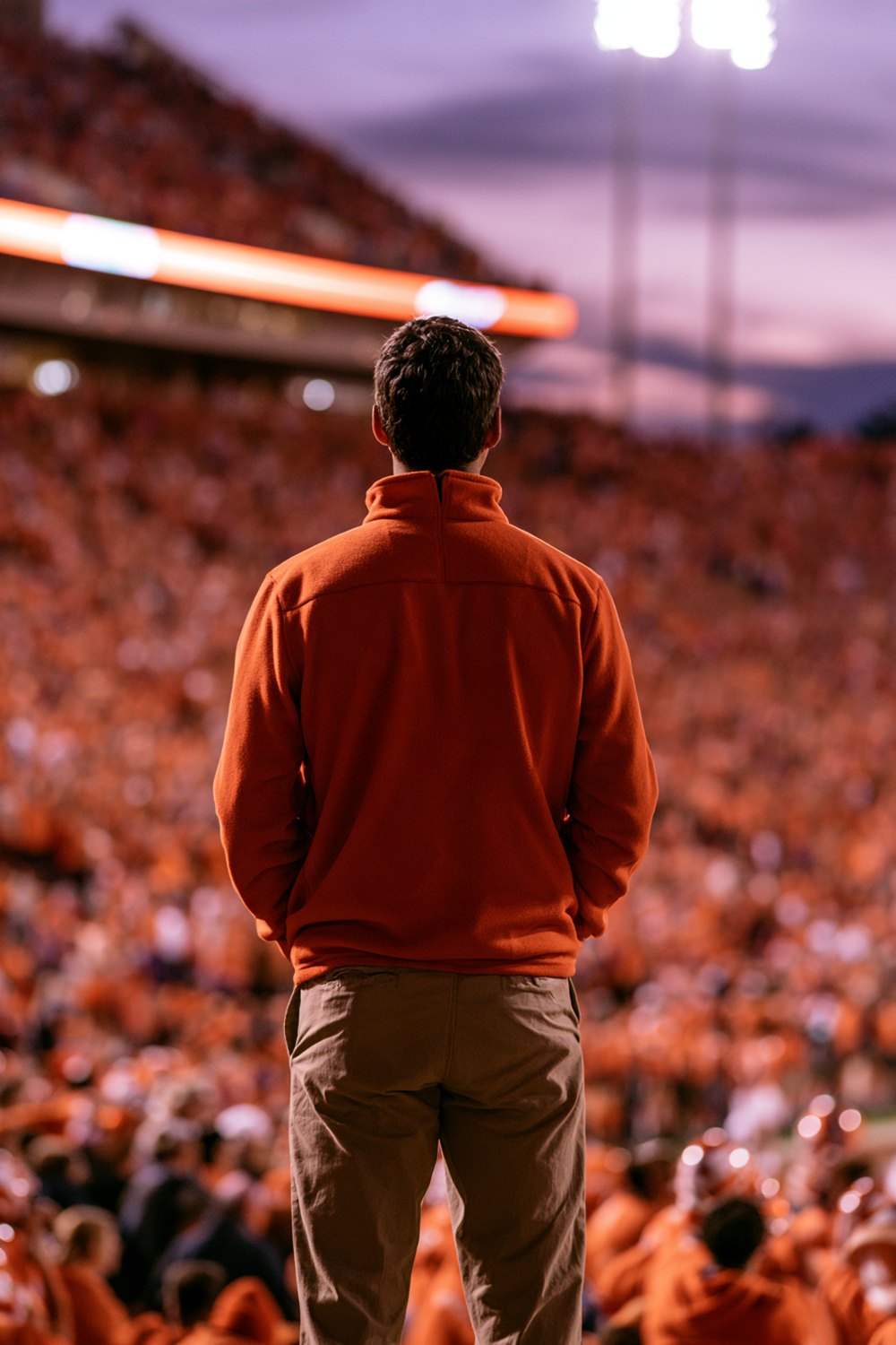 Man seen from behind in an orange quarter-zip and khaki chinos in a packed stadium of orange at dusk