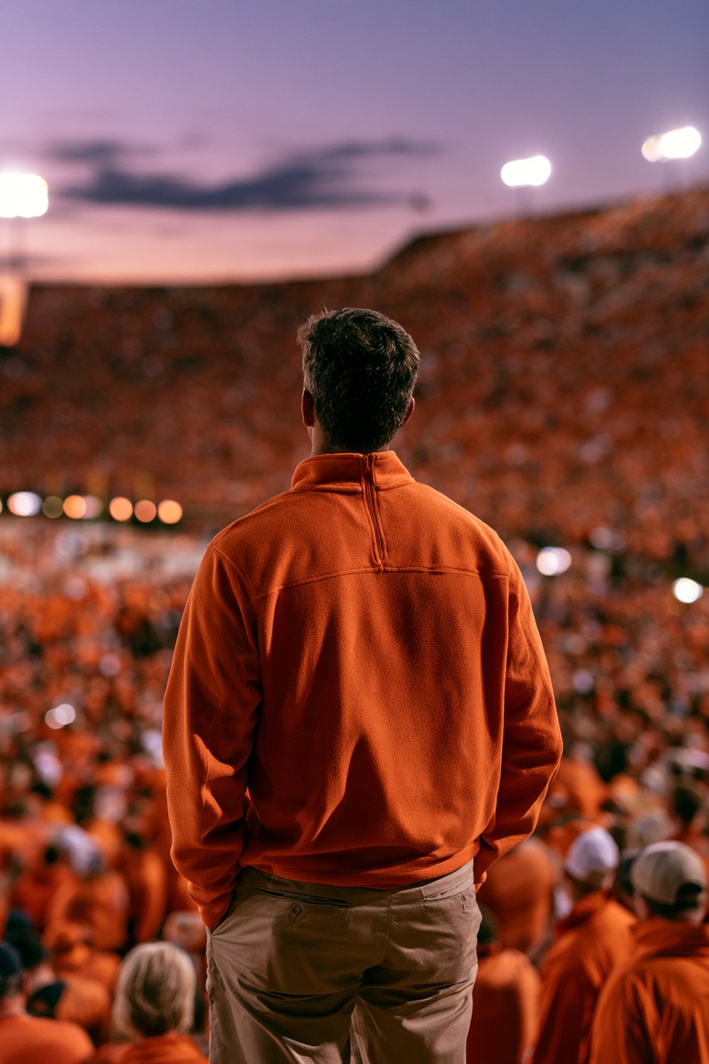 Fan in an orange quarter-zip seen from behind with a sea of orange and a purple sunset sky