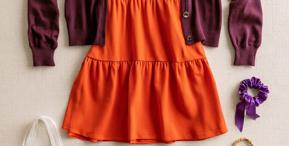 Clemson game day outfits flat lay with an orange tiered dress, purple cardigan, tan cowboy boots and a clear stadium tote