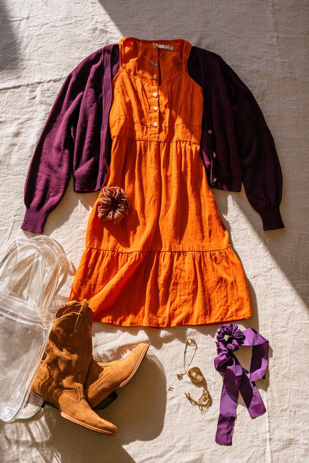 Orange dress with a deep purple cardigan, purple scrunchie and tan boots for a Death Valley game day