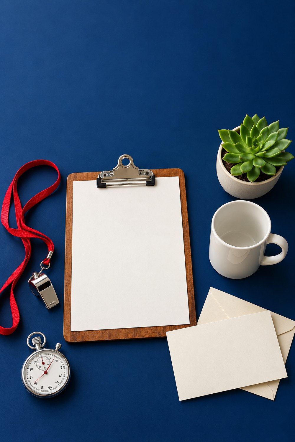 Coach gift ideas flat lay with clipboard, silver whistle on a red lanyard, stopwatch, mug, card and succulent
