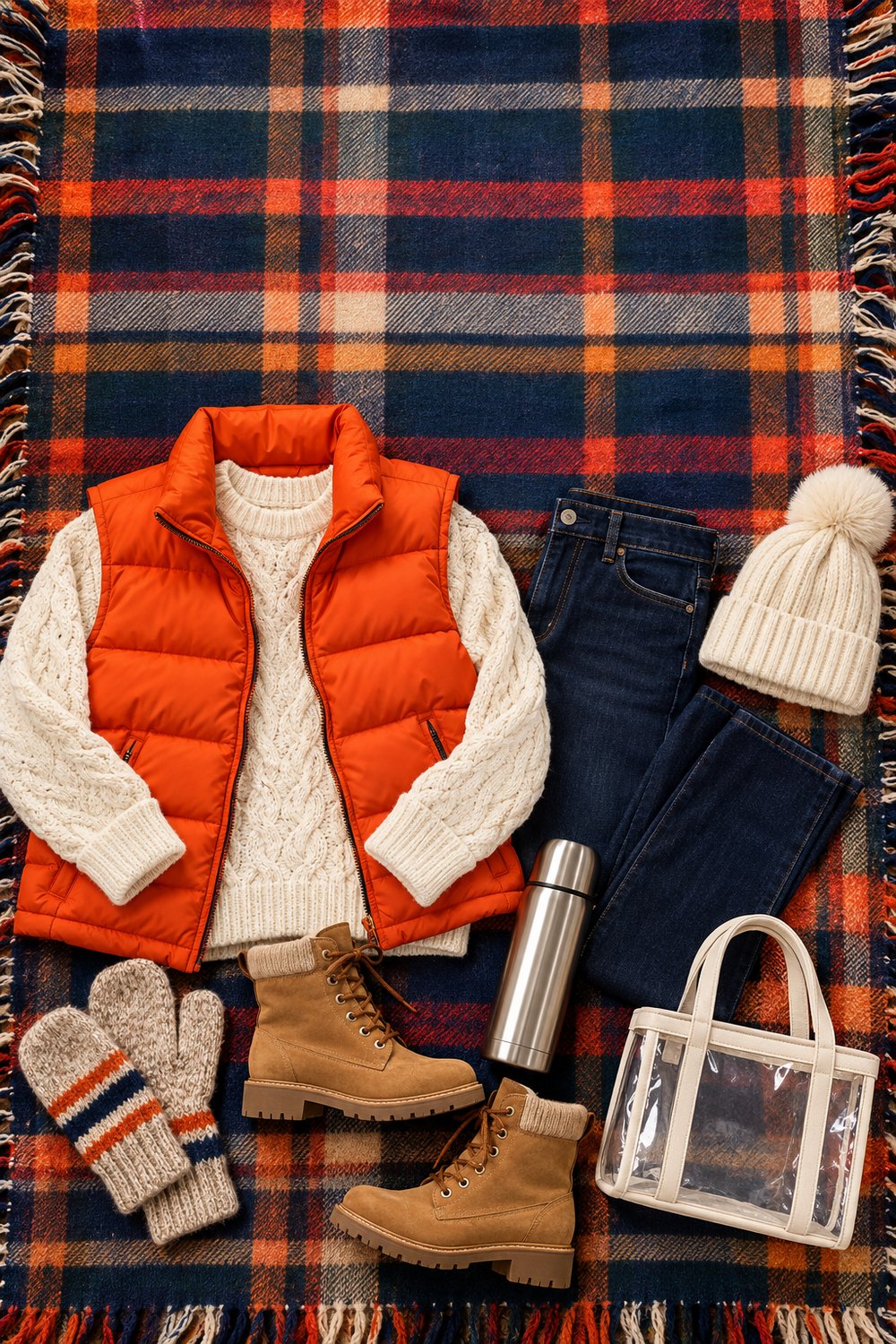 Cold weather bowl game outfit flat lay with an orange puffer vest, cream cable-knit sweater, dark jeans, boots, mittens and a thermos