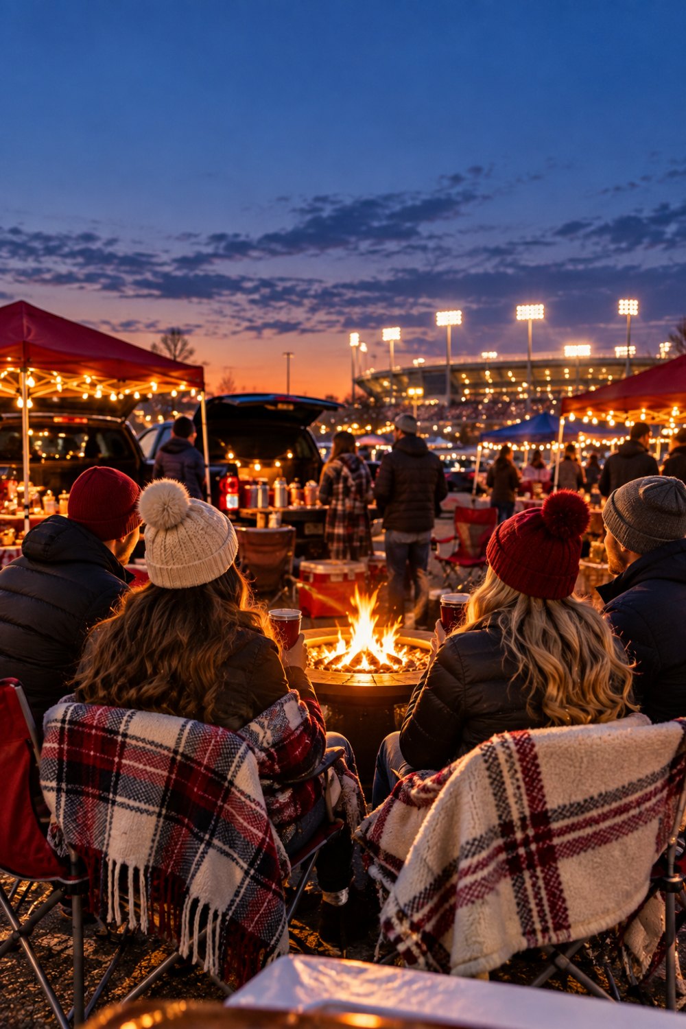 Friends seen from behind around a fire pit at a cold evening tailgate in puffer jackets, knit beanies and plaid blankets, with tents, string lights and stadium lights at dusk