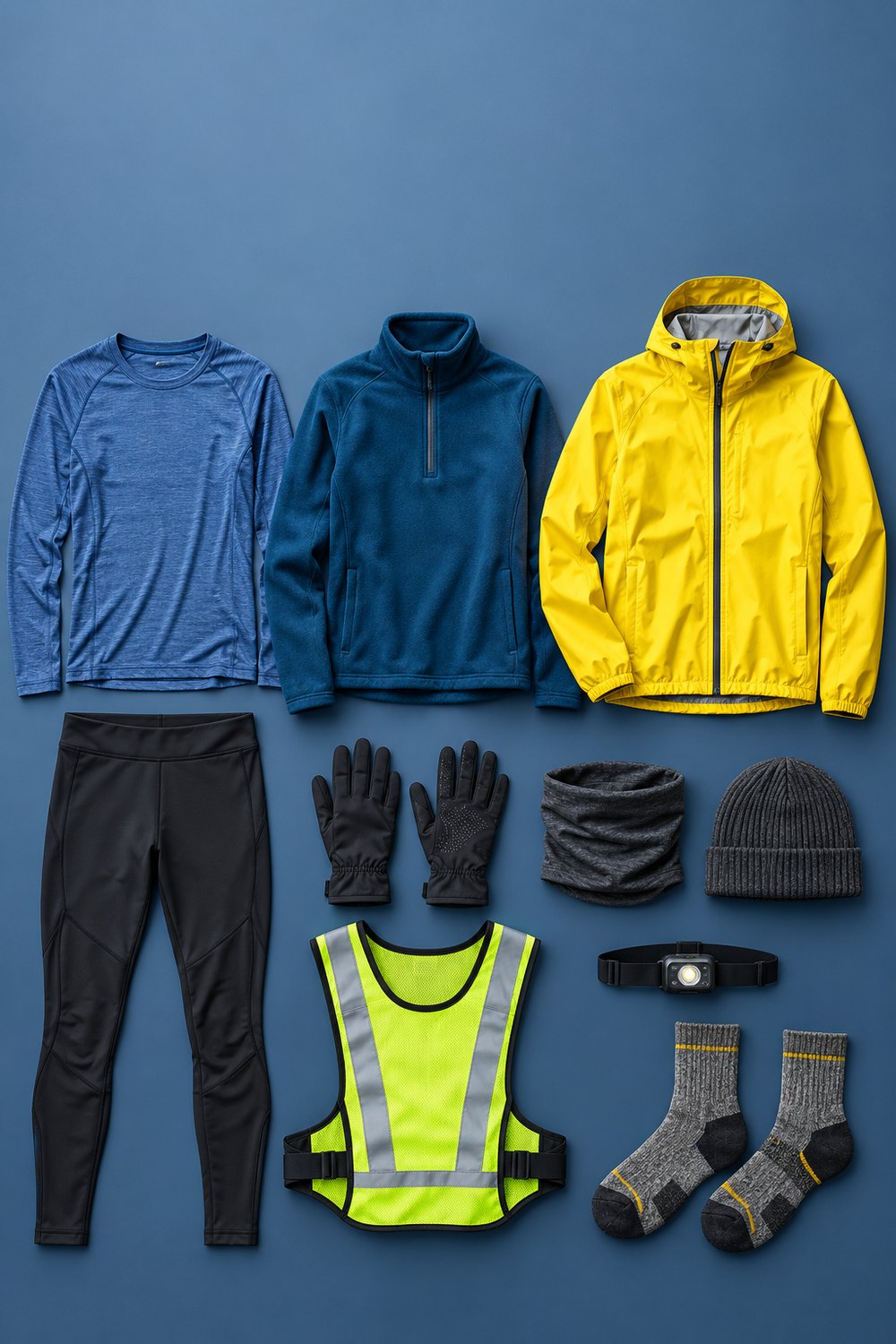 Winter running layers flat lay: base layer, fleece half-zip, yellow wind jacket, thermal tights, gloves, gaiter, beanie, reflective vest, headlamp and wool socks
