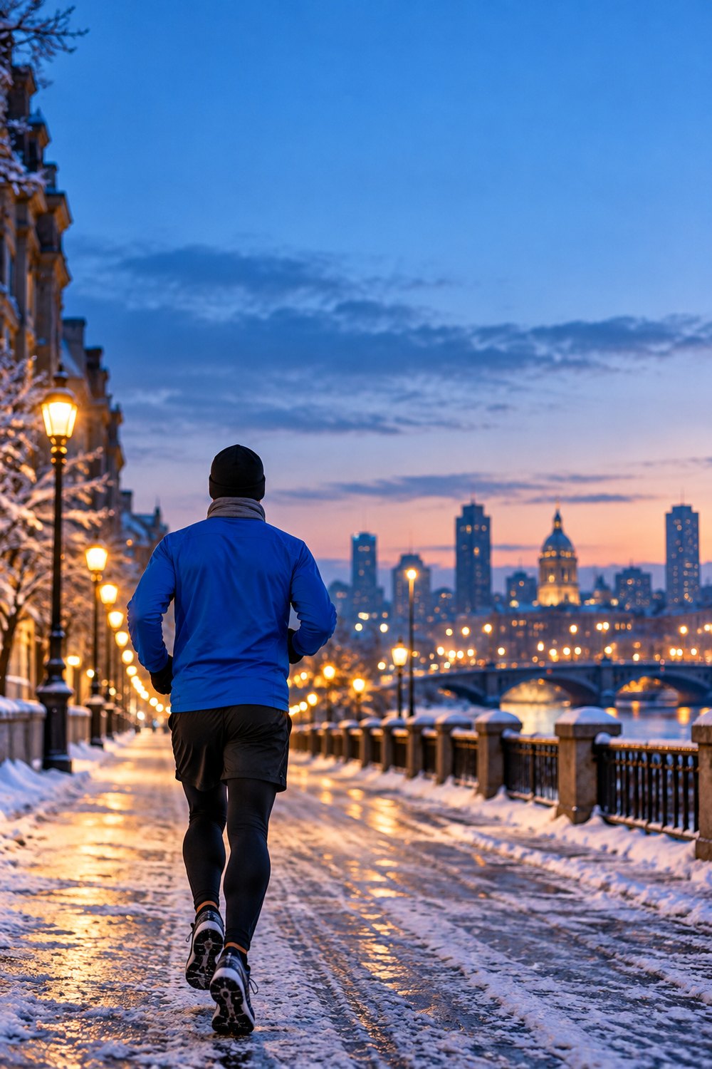Men's cold weather running outfit: runner seen from behind on a snowy city street in a cobalt jacket, tights with shorts, gaiter and beanie