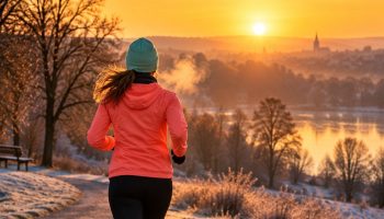 Cold weather running outfit: woman seen from behind on a frosty path at sunrise in a coral wind jacket, thermal tights and mint beanie