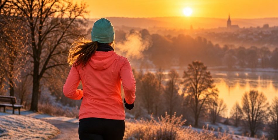 Cold weather running outfit: woman seen from behind on a frosty path at sunrise in a coral wind jacket, thermal tights and mint beanie