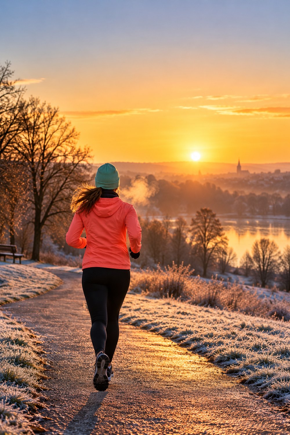 Cold weather running outfit: woman seen from behind on a frosty path at sunrise in a coral wind jacket, thermal tights and mint beanie