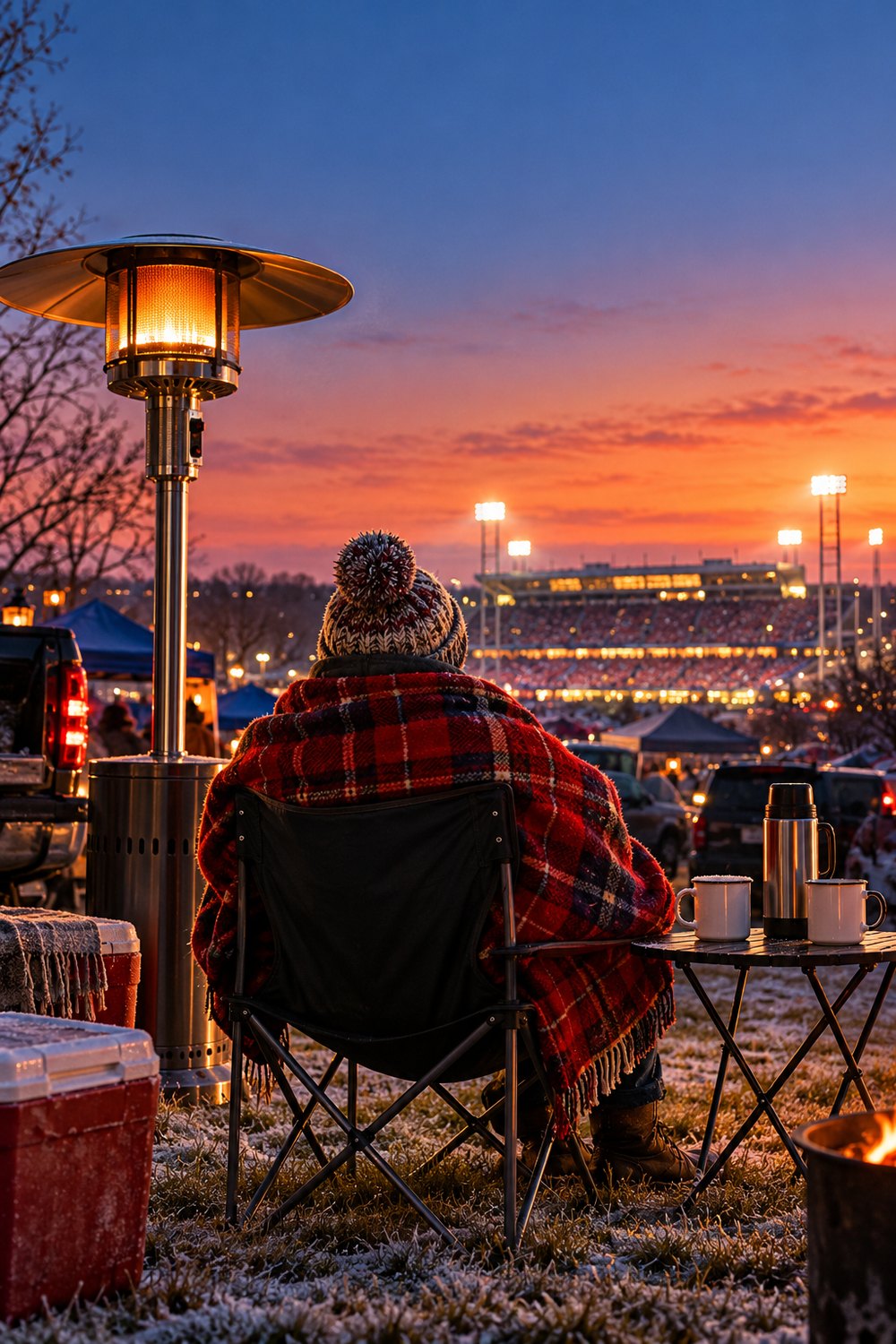 Person seen from behind wrapped in a plaid blanket beside an outdoor patio heater at a frosty tailgate at dusk