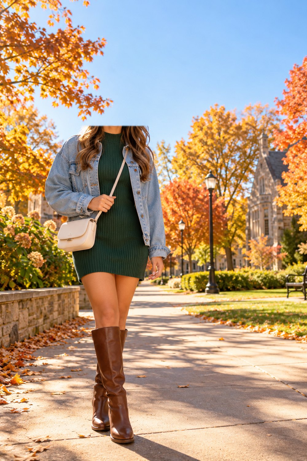 Green ribbed sweater dress with an oversized denim jacket and brown knee-high boots on a fall college campus