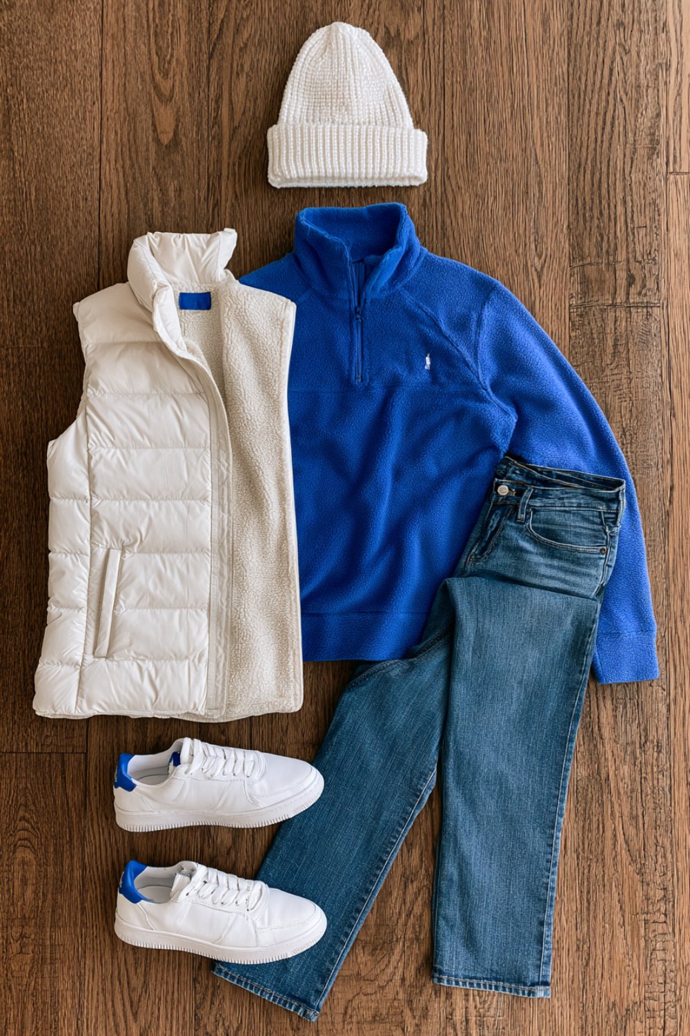 Flat lay of a white puffer vest, royal blue quarter zip, jeans, white sneakers and a cream beanie on a wooden floor
