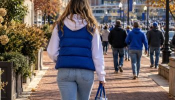 Woman seen from behind walking toward a stadium on a brick sidewalk in a royal blue puffer vest, white hoodie and light jeans with a clear tote