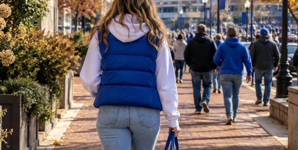 Woman seen from behind walking toward a stadium on a brick sidewalk in a royal blue puffer vest, white hoodie and light jeans with a clear tote
