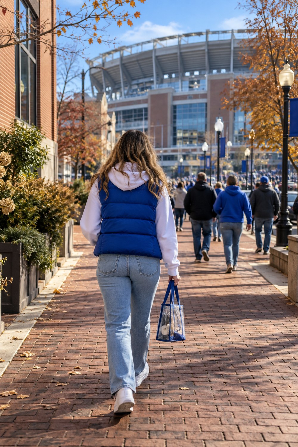 Woman seen from behind walking toward a stadium on a brick sidewalk in a royal blue puffer vest, white hoodie and light jeans with a clear tote