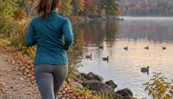 Beginner runner seen from behind in a teal jacket jogging along a lakeside path on a fall morning