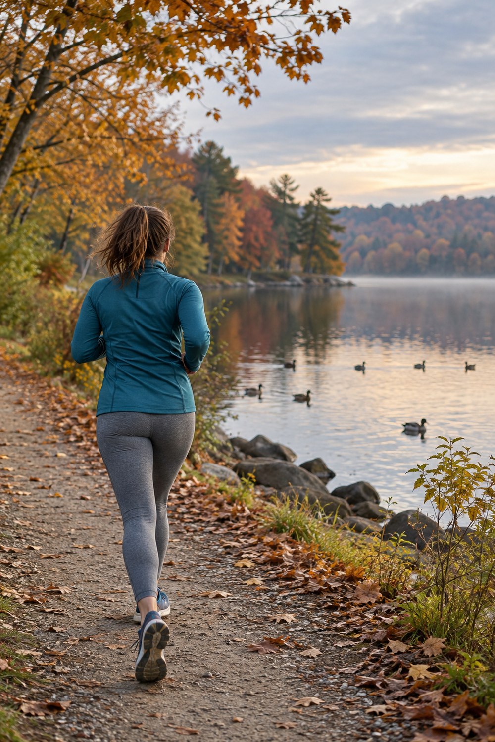 Beginner runner seen from behind in a teal jacket jogging along a lakeside path on a fall morning