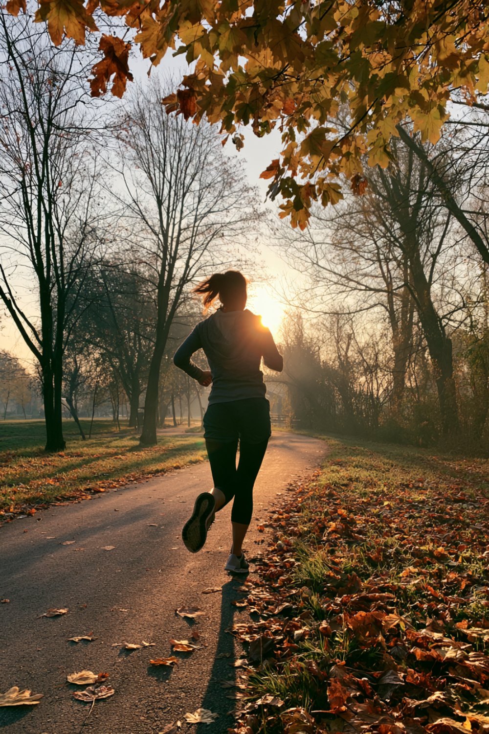 Beginner runner seen from behind jogging on a park trail at sunrise among fall leaves