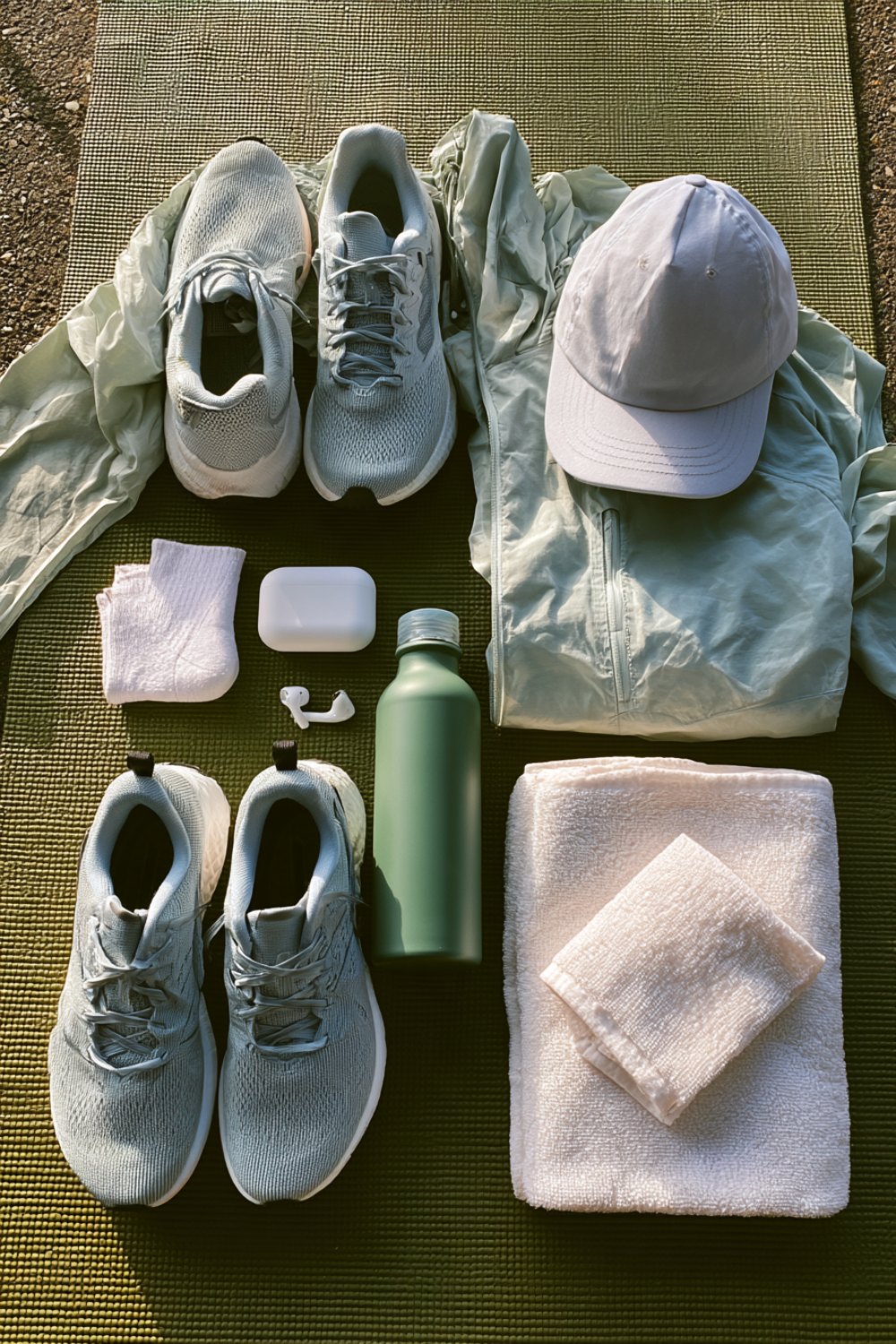 Beginner running kit on a yoga mat: shoes, cap, towel, water bottle and a light jacket