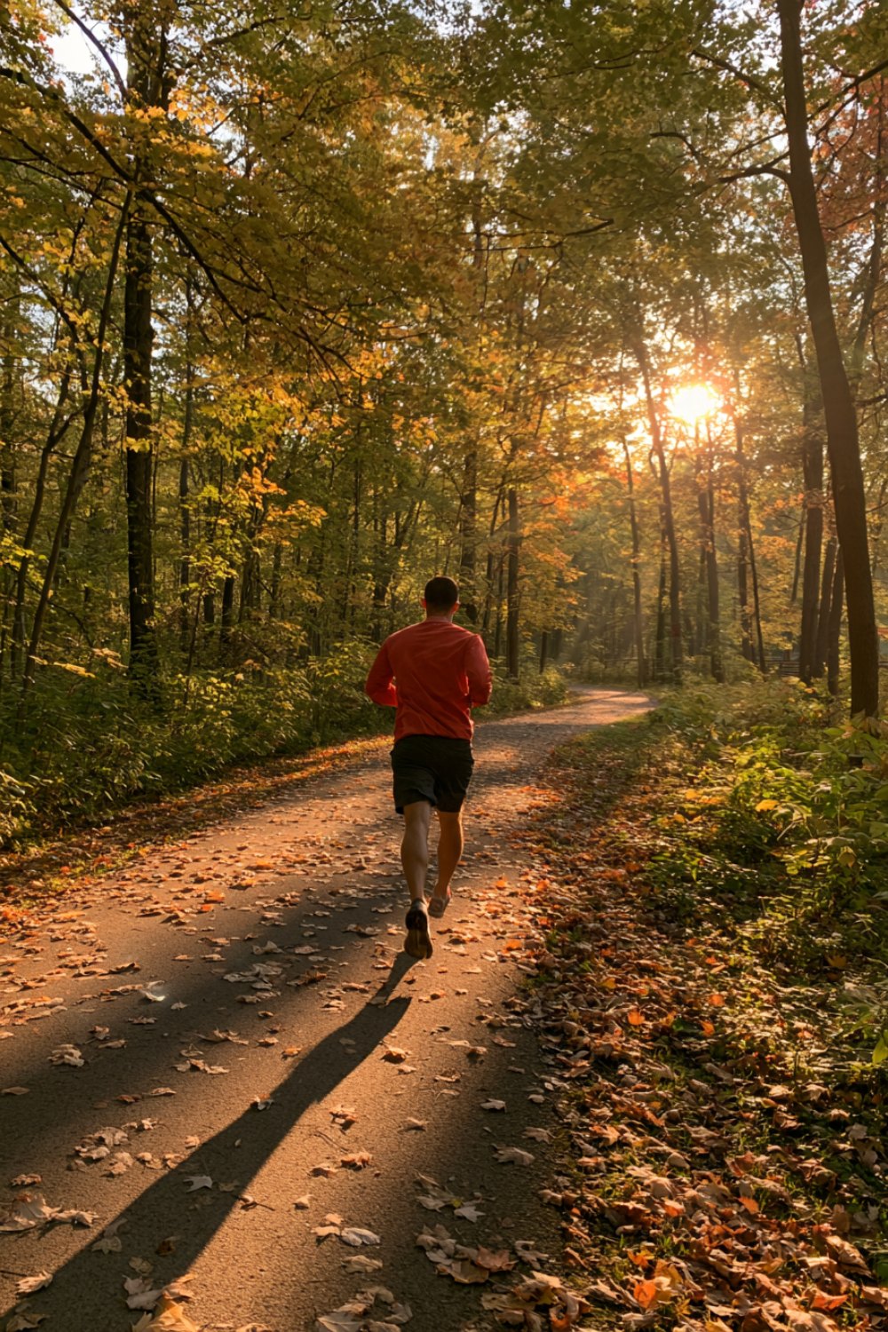 Runner in a red top seen from behind on a wooded autumn path at an easy pace