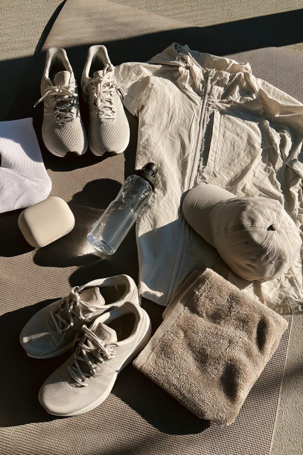 Light jacket, cap, running shoes and a water bottle laid out for a first 10K training run