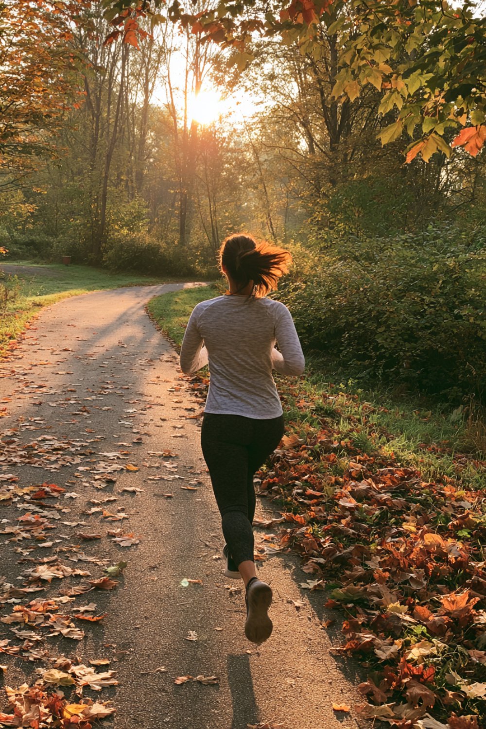 Beginner runner seen from behind on a leafy park trail in early morning light