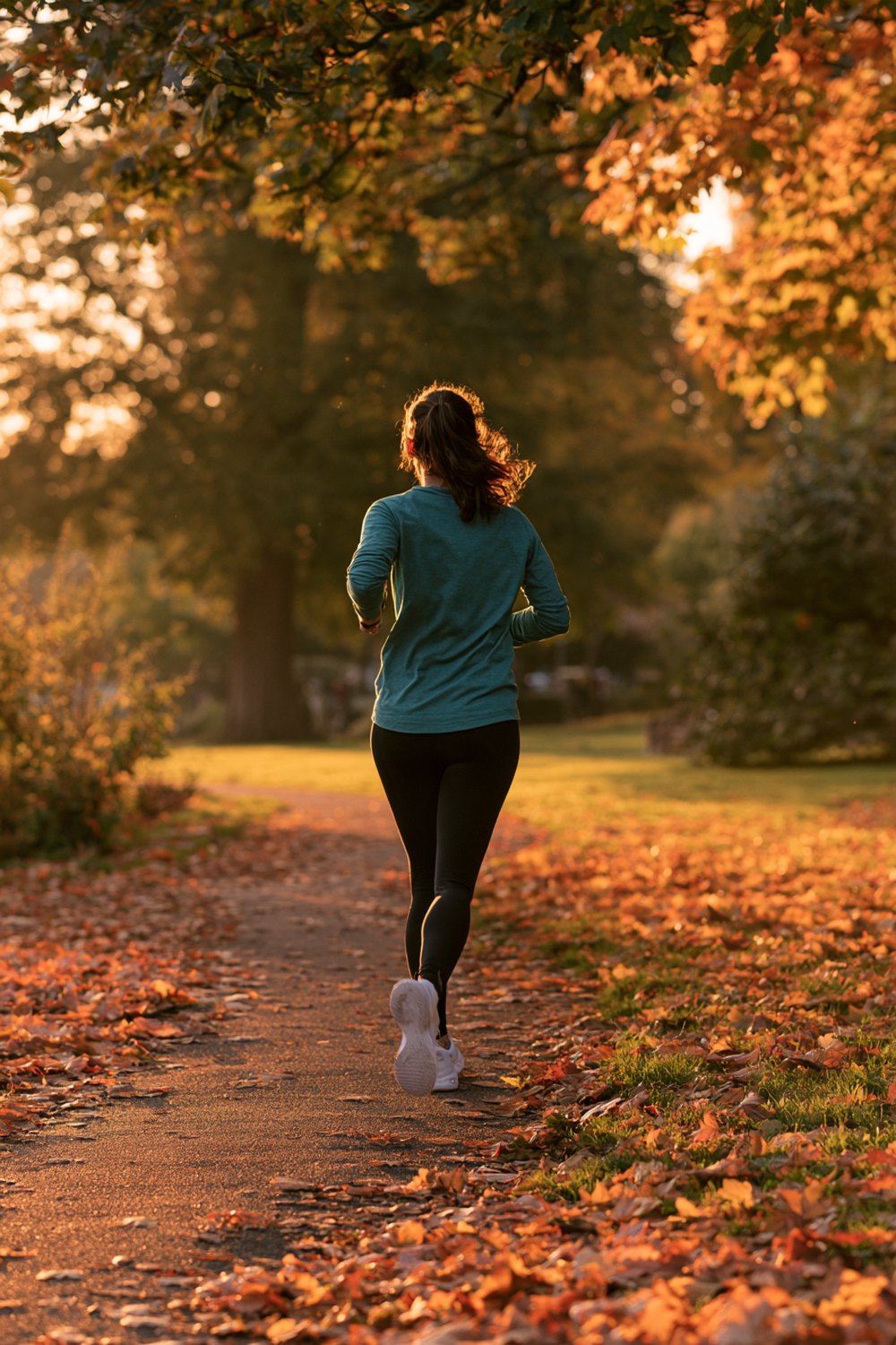 Beginner woman runner jogging on a leaf-covered park path in a teal top and black leggings