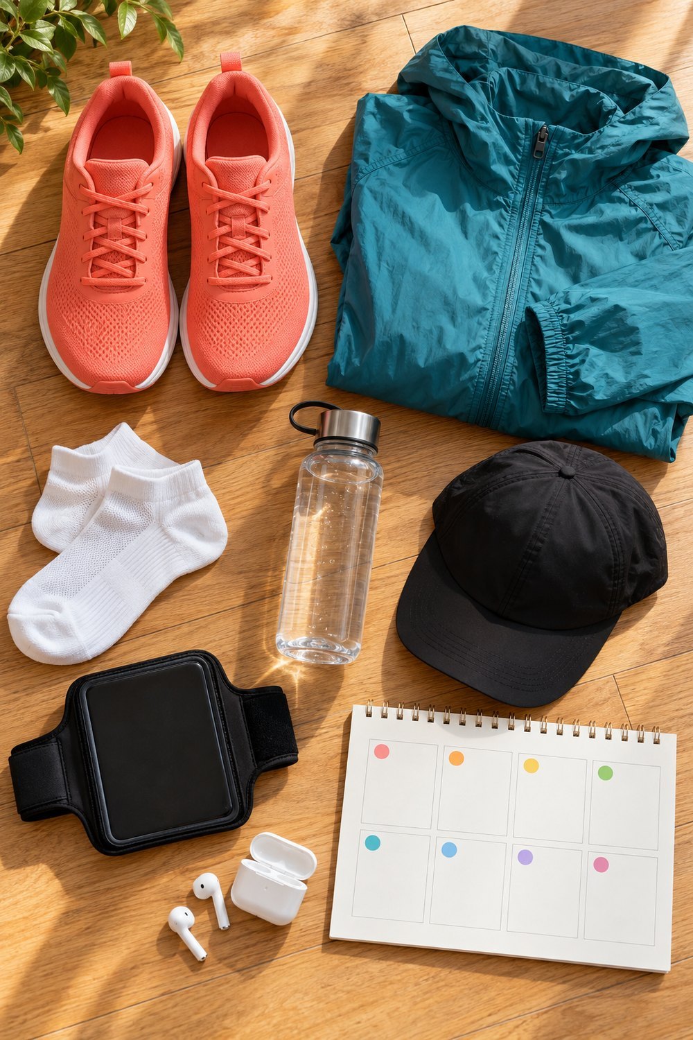 Flat lay of coral running shoes, white socks, a teal running jacket, cap, armband, water bottle, earbuds and a blank training calendar