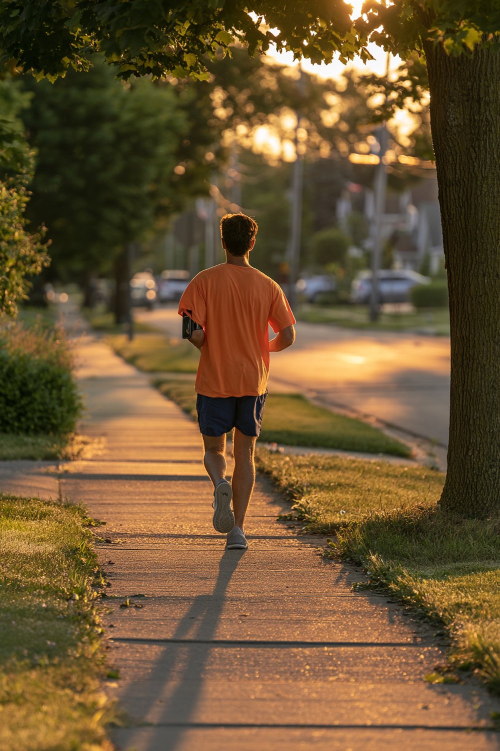 Man in an orange t-shirt and navy shorts jogging along a quiet suburban sidewalk at sunrise