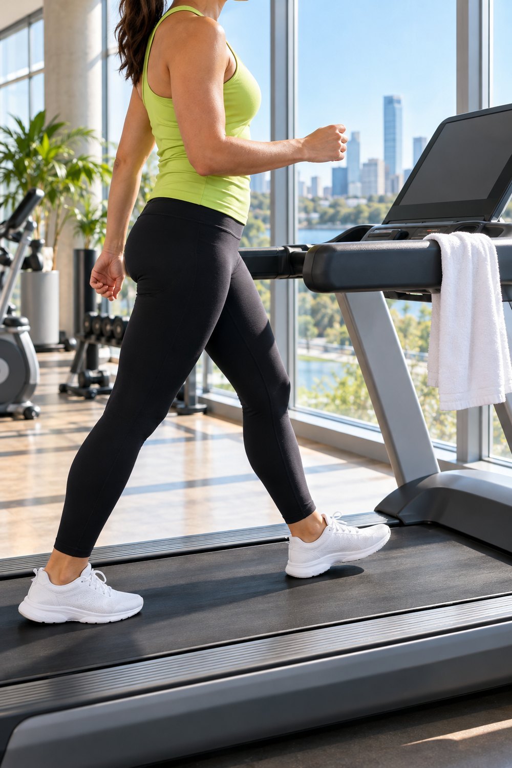 Woman in a lime green tank top walking briskly on a treadmill in a bright gym