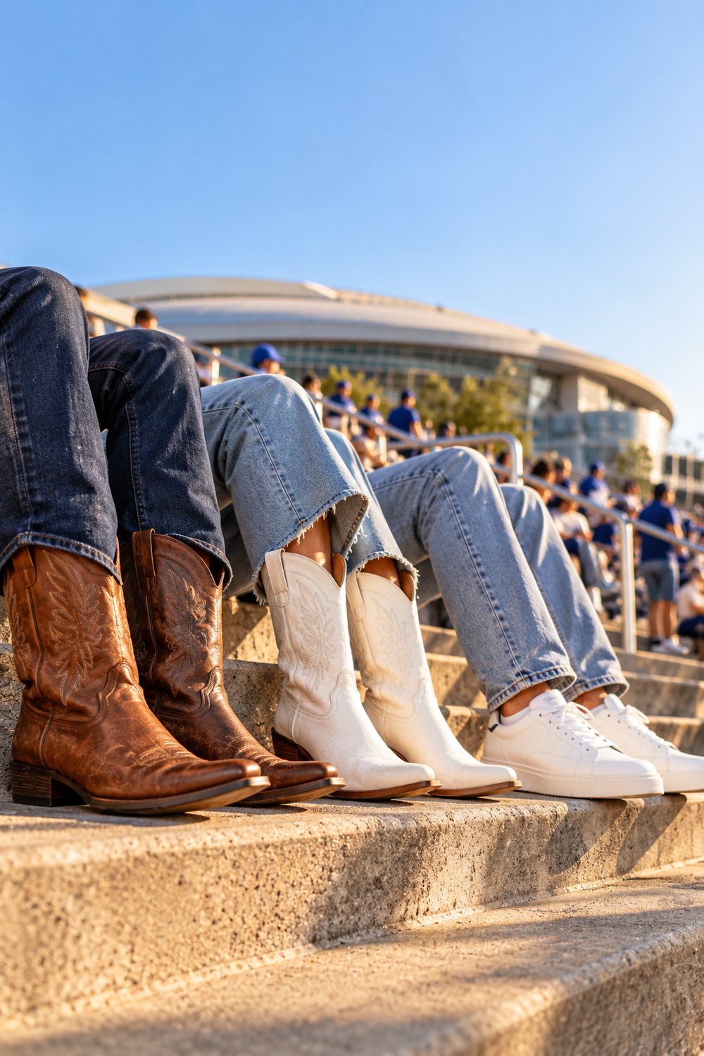 Brown cowboy boots, white western boots and white sneakers worn with jeans on sunny stadium steps