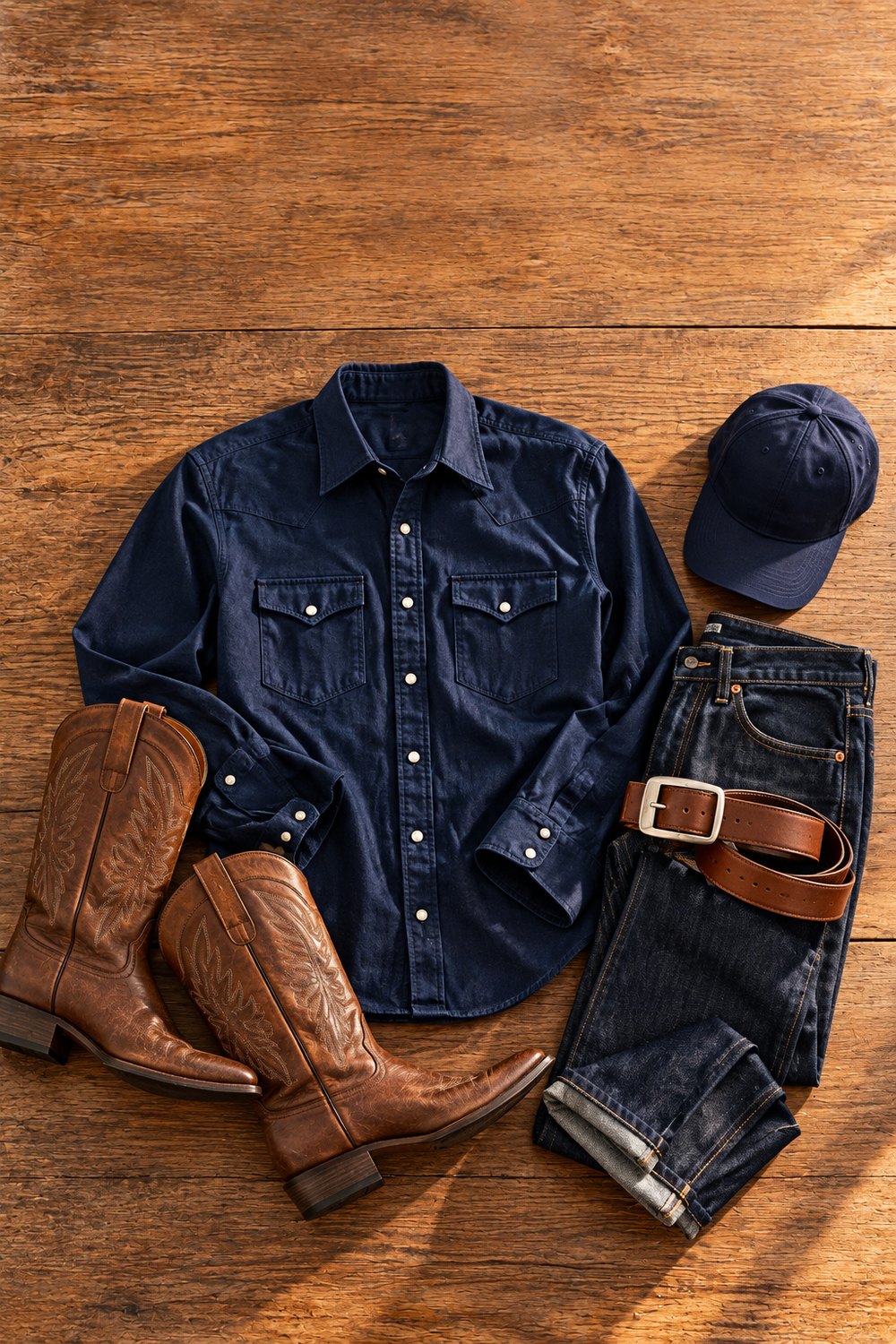 Flat lay of a navy pearl-snap western shirt, dark jeans, brown leather belt, brown cowboy boots and a navy cap