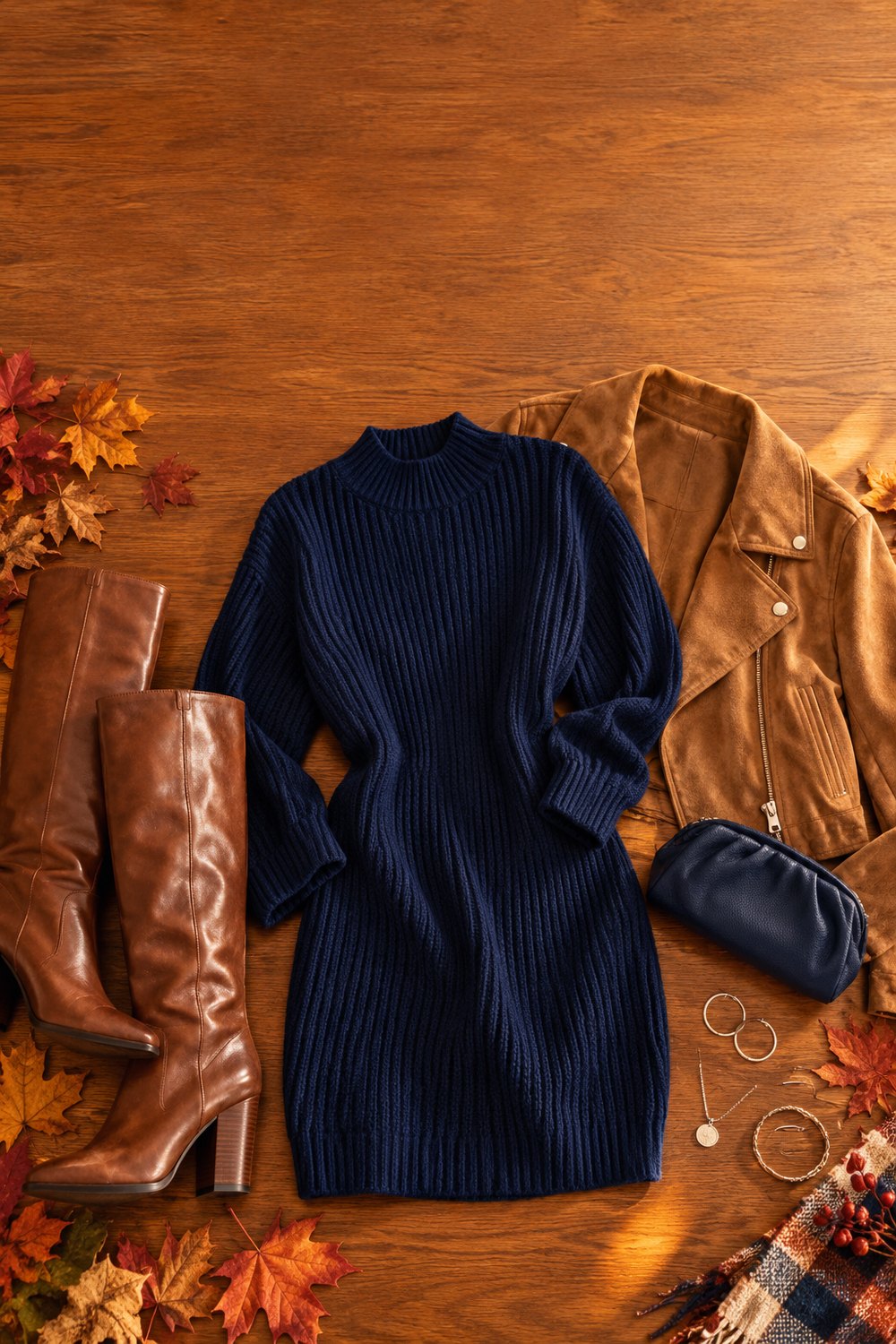 Flat lay of a navy knit sweater dress, tan suede jacket, tall brown boots, navy clutch and silver jewelry with autumn leaves