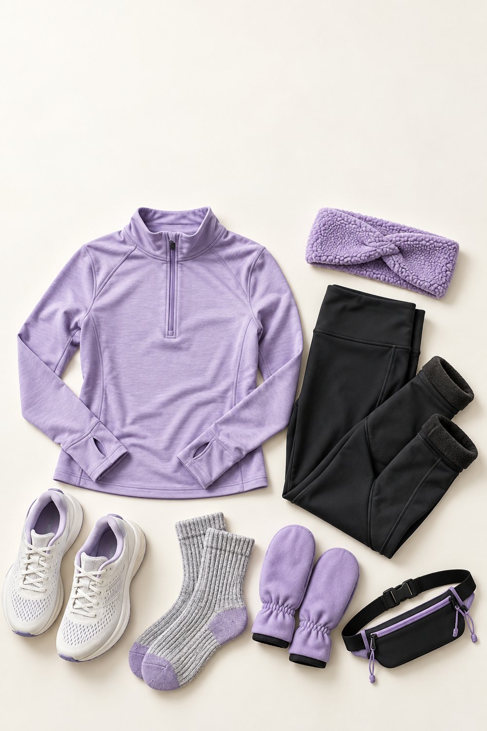 Cute women's winter running outfit flat lay: lilac quarter-zip, fleece-lined leggings, white running shoes, ear warmer, mittens and wool socks