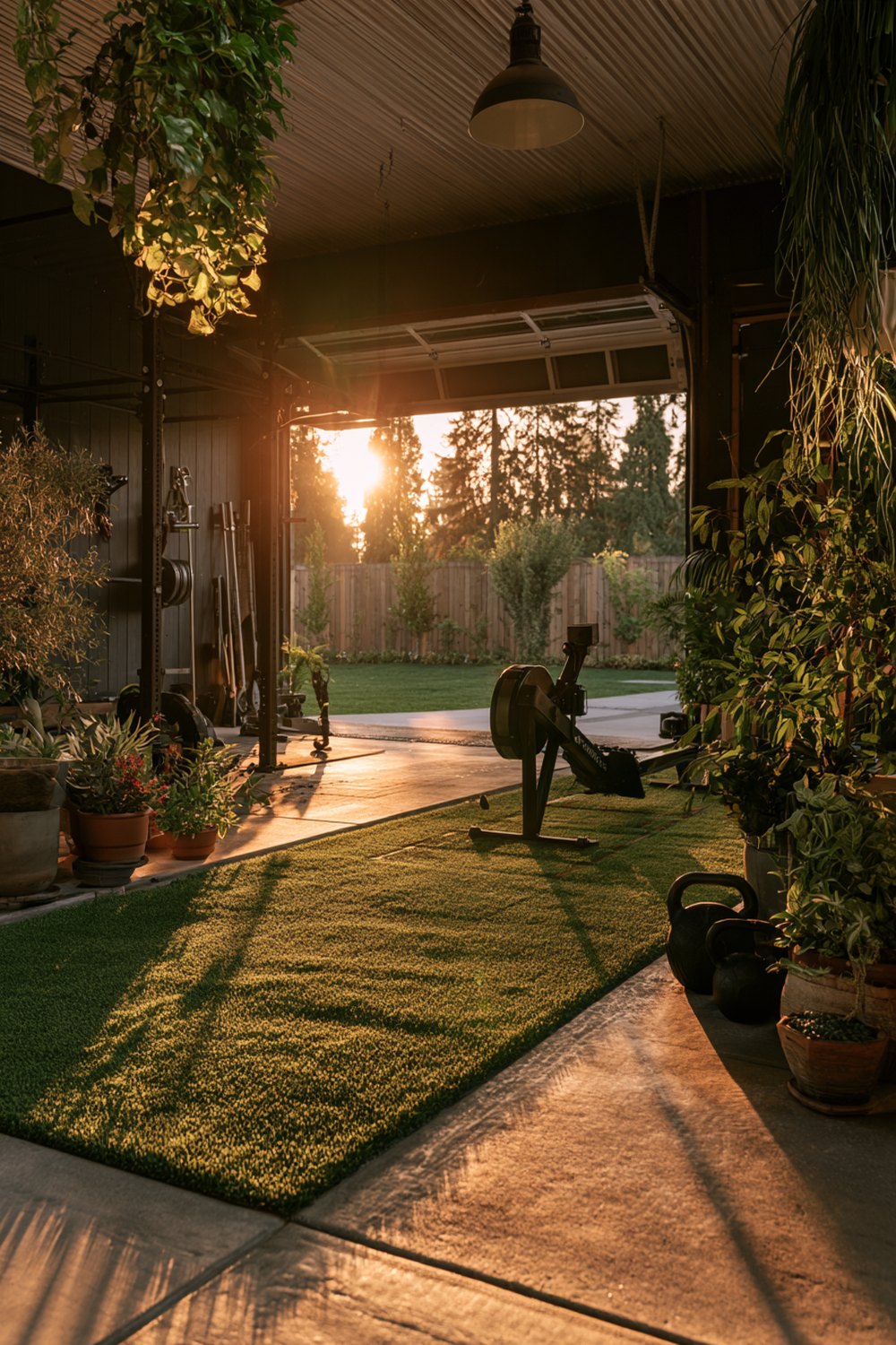 Detached garage gym with the roll-up door open to a garden at golden hour, turf and plants