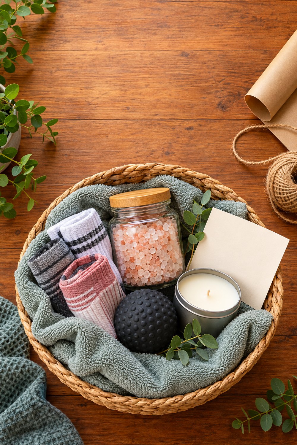 Handmade DIY gift basket for a gym lover with socks, bath salts, a candle, a massage ball and a blank card