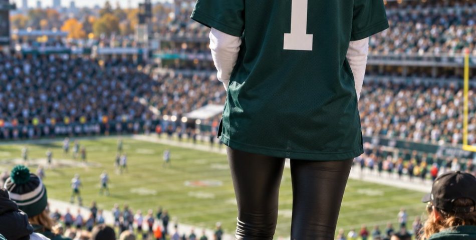 Woman in an open-air stadium wearing an oversized midnight green football jersey over a white long sleeve with black leather leggings and white sneakers, seen from behind