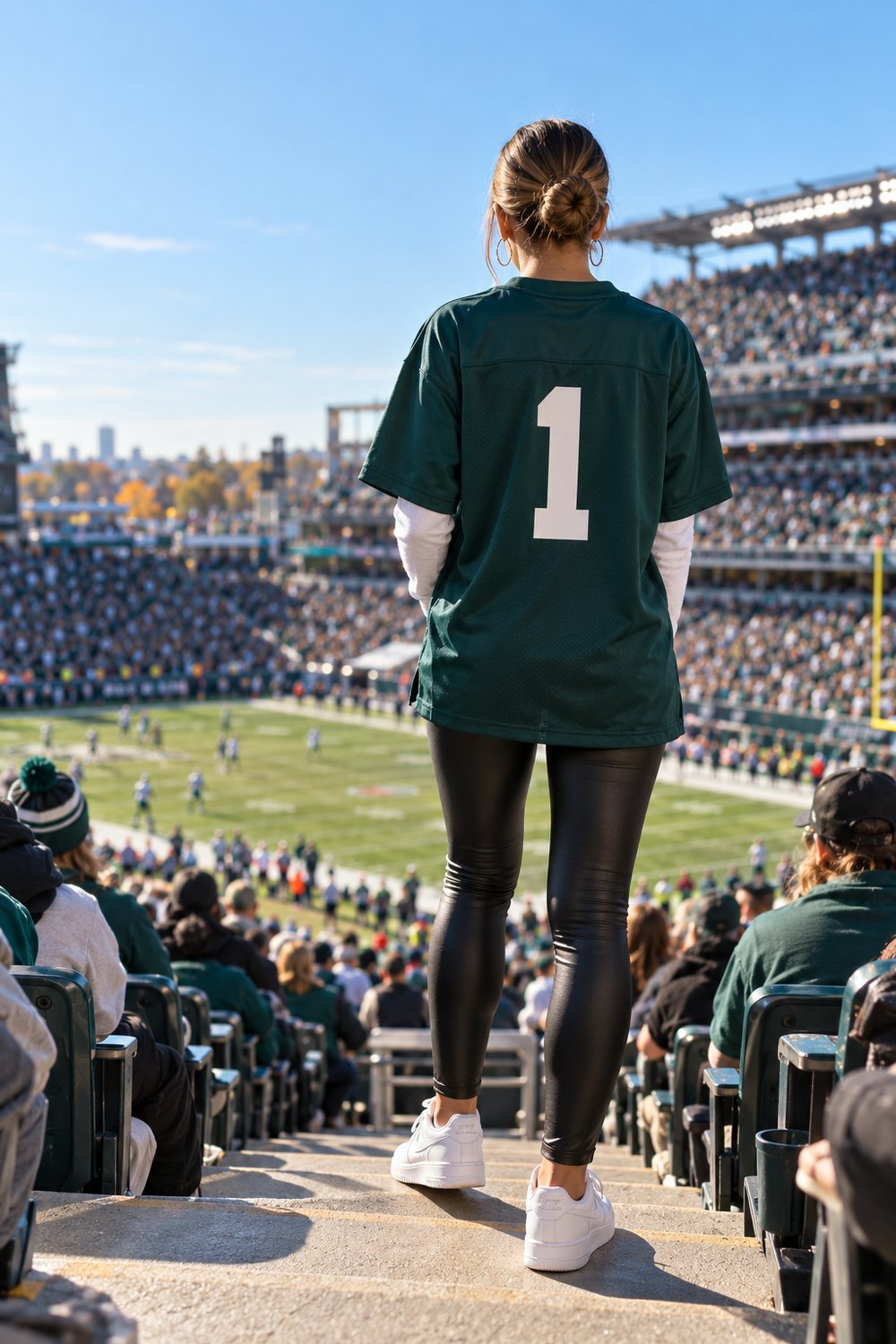 Woman in an open-air stadium wearing an oversized midnight green football jersey over a white long sleeve with black leather leggings and white sneakers, seen from behind
