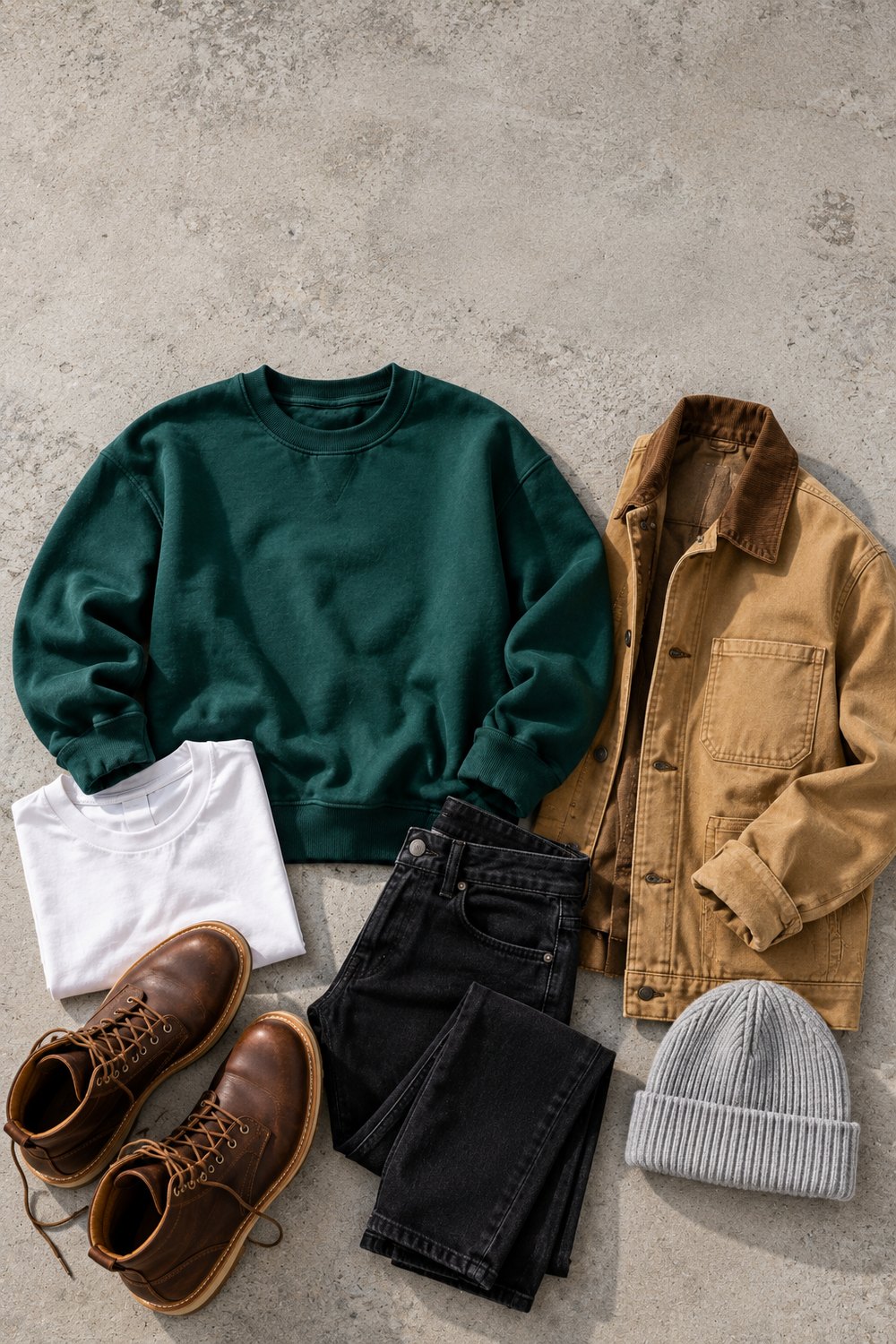 Flat lay of a men's game day outfit: midnight green crewneck, white tee, black jeans, tan chore jacket, brown boots and grey beanie