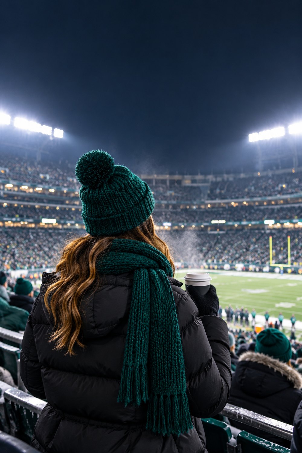 Woman at a December night football game wearing a long black puffer parka with a midnight green knit scarf and beanie, seen from behind