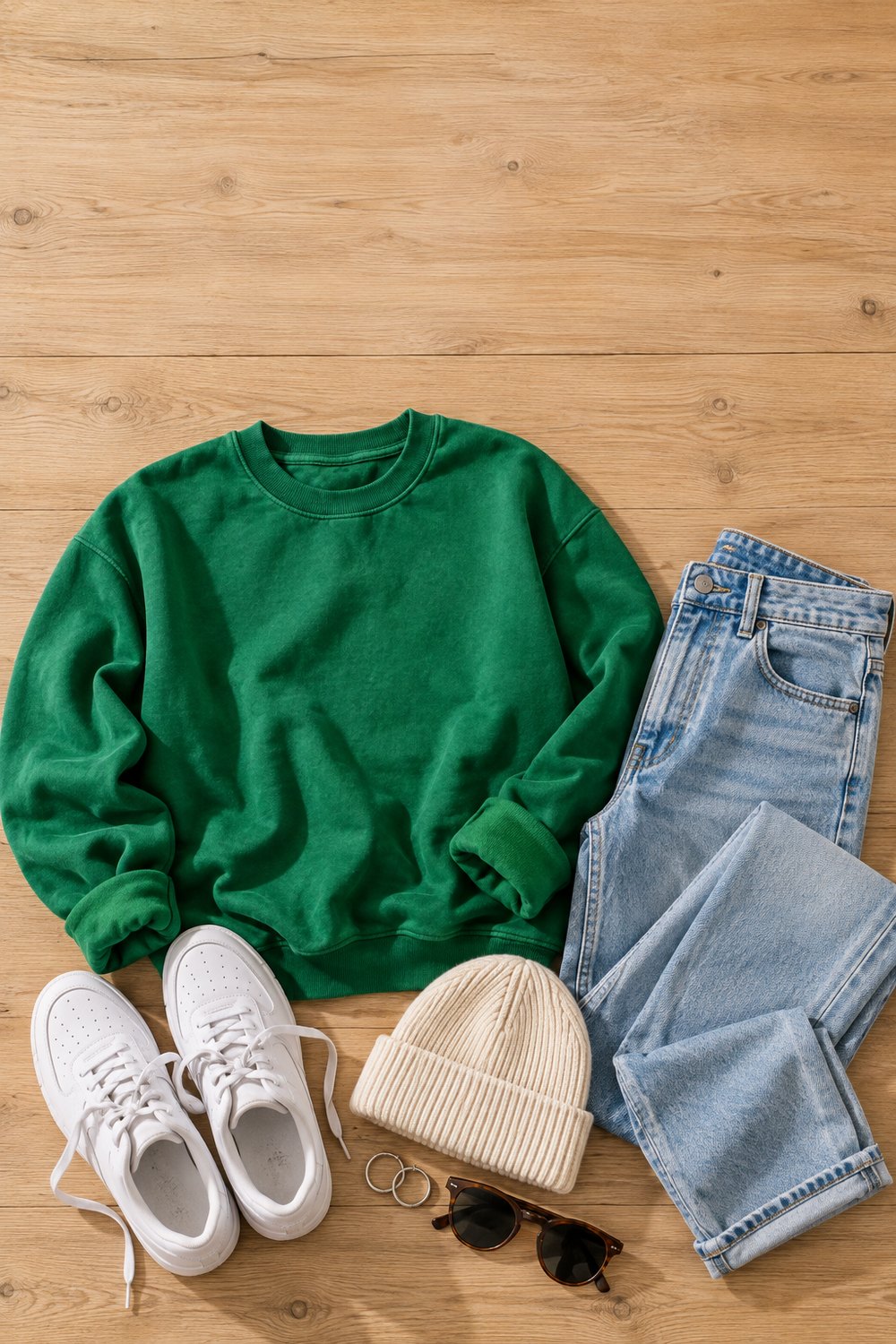 Flat lay of a kelly green vintage crewneck, light-wash jeans, white sneakers, cream beanie, silver hoops and sunglasses