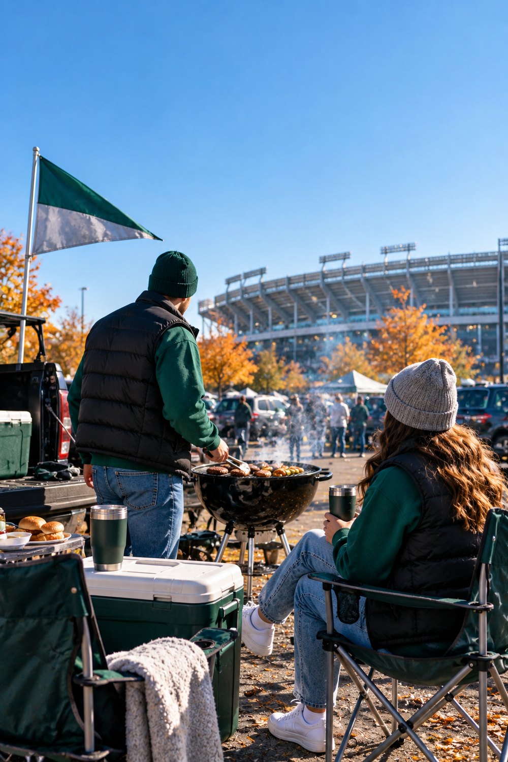 Fans at an autumn stadium tailgate in midnight green crewnecks and black puffer vests by a grill, camp chairs and a green and silver pennant