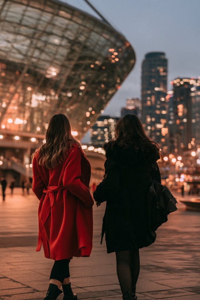 Two friends seen from behind walking toward a modern glass stadium at dusk in red and black