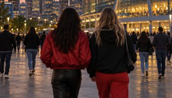 Two friends seen from behind walking across a downtown plaza toward a glass stadium in red and black outfits
