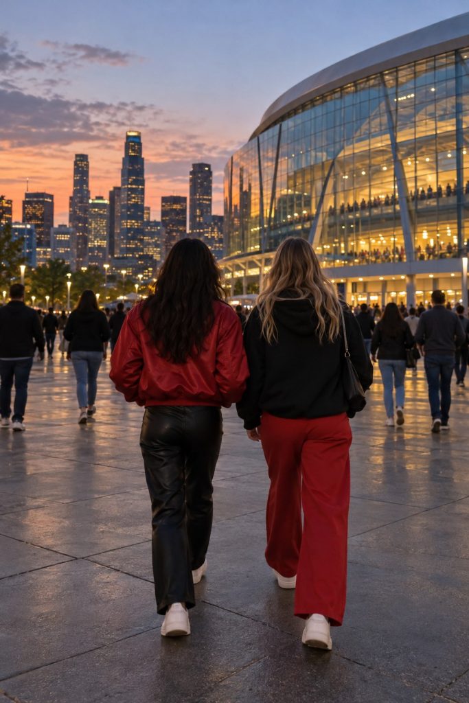 Two friends seen from behind walking across a downtown plaza toward a glass stadium in red and black outfits