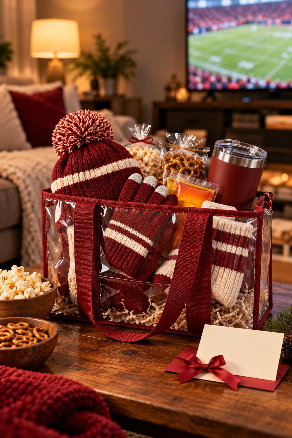 Football gift basket built in a clear stadium bag with a beanie, gloves, socks, snacks, a tumbler and a card on a living room table