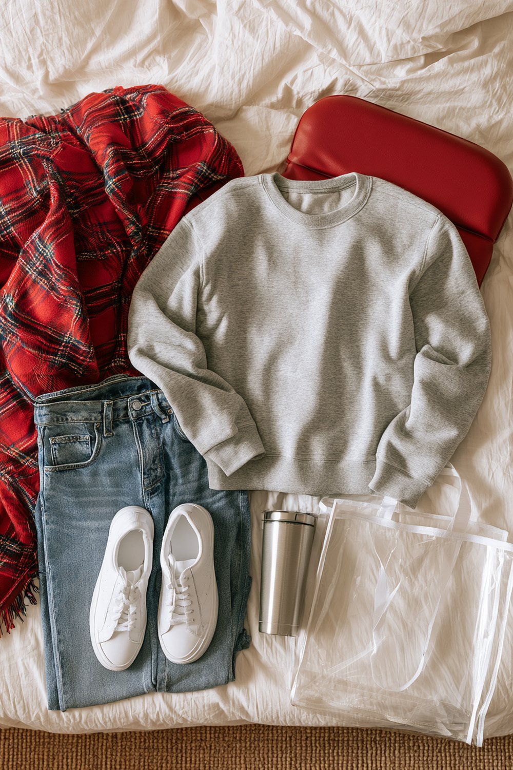 Casual football mom outfit: gray sweatshirt, light jeans, white sneakers, tumbler and a red stadium seat cushion