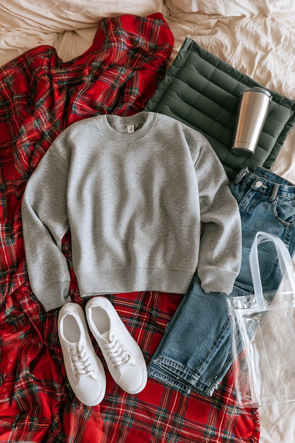 Cold game football mom kit: crewneck, jeans, sneakers, insulated tumbler, padded seat and clear bag