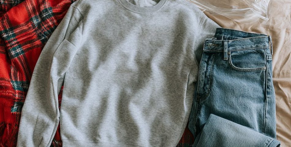 Football mom outfits flat lay with a gray crewneck, jeans, white sneakers, red plaid blanket, seat cushion and clear tote